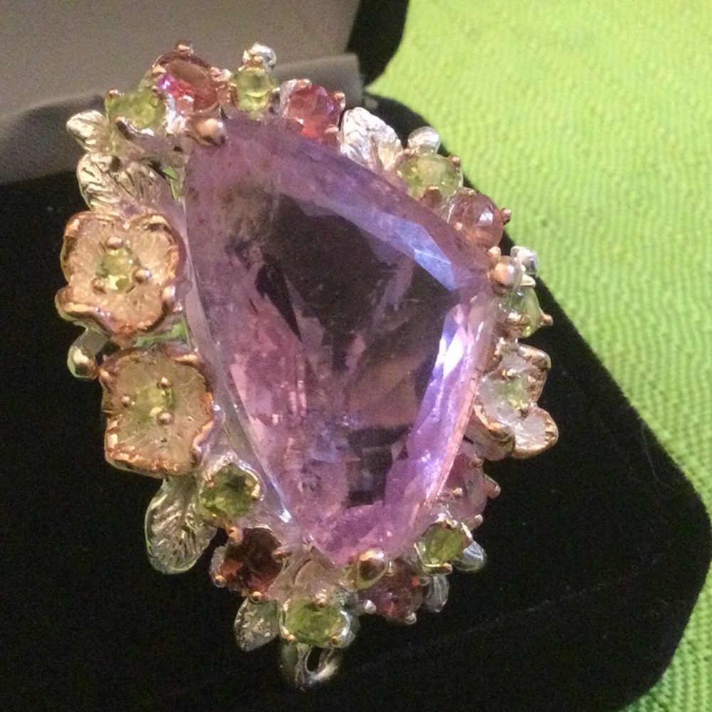 Magnificent Huge Genuine Kunzite & Tourmaline Ring, Rare Dreamscape Facet - Picture 8 of 12